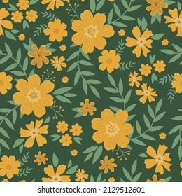 Patrón vintage sin foco. Flores amarillas, hojas verdes. Fondo verde oscuro. textura vectorial. impresión de moda para textiles, papel pintado y embalaje.