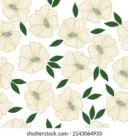Seamless vintage pattern. Yellow flowers, green leaves. white background. vector texture. fashionable print for textiles, wallpaper and packaging.