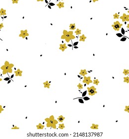 Seamless vintage pattern. Yellow flowers, black leaves. White background. vector texture. fashionable print for textiles, wallpaper and packaging.
