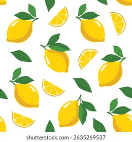 Seamless vintage pattern with yellow lemons, green leaves, and slices. Hand-drawn citrus fruit design perfect for fabric, wrapping paper, or kitchen decor