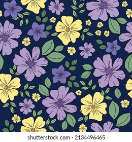 Seamless vintage pattern. Yellow and lilac flowers, green leaves. Dark blue background. vector texture. fashionable print for textiles, wallpaper and packaging.