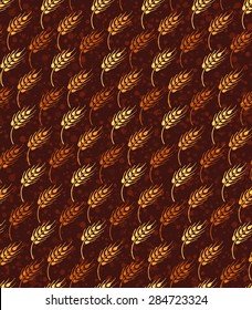 Seamless vintage pattern with yellow and orange wheat. Brown agricultural wallpaper about harvest and grain on the background with paint splashes.