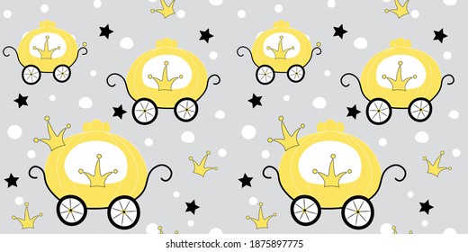 
Seamless vintage patterns, carriages background in beautiful colors. Background for little princesses. Cinderella pattern, children's textiles, notebook, gift wrapping paper, fabric. Yellow and gray.