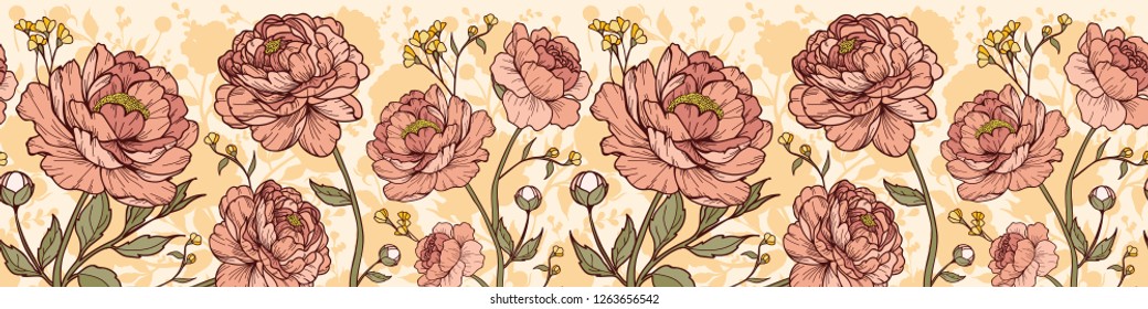 Seamless Vintage Peony Flower With Buds, Small Flower, Leaves And Silhouette Background. Cartoonish Style. Horizontal Border. Vector Illustration. Perfect For Print, Textile, Cards And Apparel.