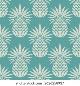 Seamless vintage pineapple pattern with cream pineapples on teal green background. Tropical fruit design in retro botanical style. Ideal for fabric, wallpaper, wrapping paper, and summer products.