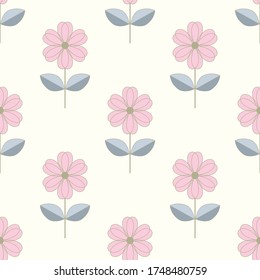 Seamless vintage pink flowers, blue leaves pattern on yellow background vector illustration.