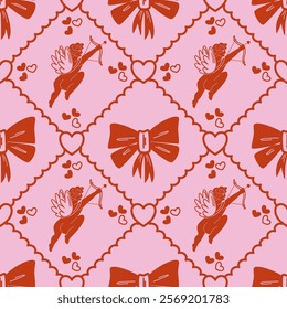 Seamless vintage pink pattern with cupids, hearts and bows. An angel with wings, a bow and arrows.