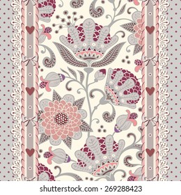 Seamless vintage polka dot background with flowers, laces and bows. Vector floral pattern.