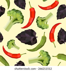 Seamless vintage polygon pepper basil broccoli pattern