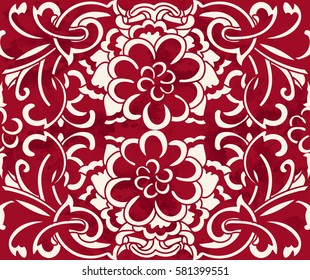 Seamless Vintage Red Chinese Background Spiral Curve Cross Flower