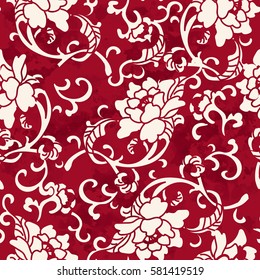 Seamless Vintage Red Chinese Background Spiral Botanic Flower Leaf