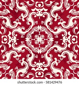 Seamless Vintage Red Chinese Background Spiral Wave Cross Flower
