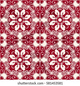 Seamless Vintage Red Chinese Background Spiral Oval Polygon Cross Flower