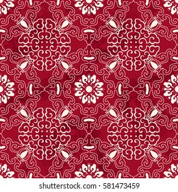 Seamless Vintage Red Chinese Background Spiral Curve Frame Flower
