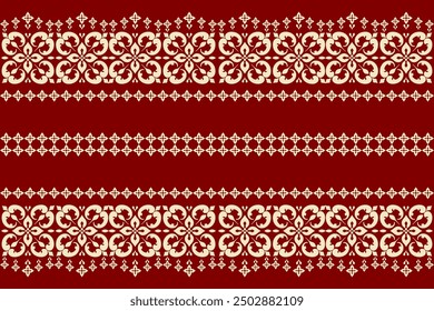 A seamless vintage red and white lace border pattern with ornate floral and swirl decorations,damask pattern,thai pattern, traditional ethnic, floral, fabric pattern for textiles,wallpaper, clothing,