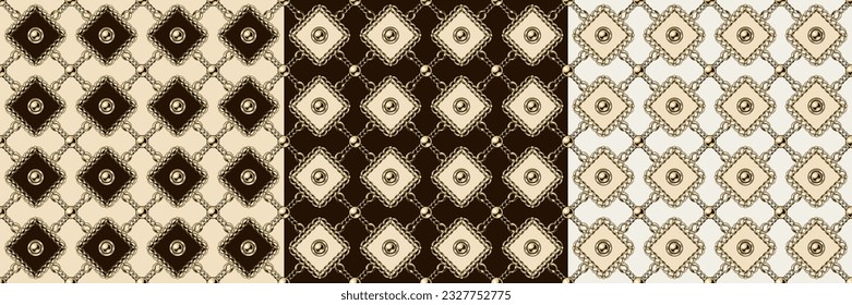 Seamless vintage rhombus pattern with golden jewelry chains, beads. Geometric classic grid. Vector illustration in vintage style