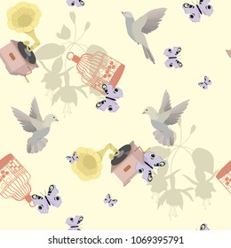 Seamless vintage, romantic pattern with patifones, birds and butterflies on a light yellow background. For decorating textiles, packaging, wallpapers and web design. Vector illustration.