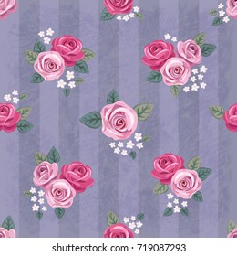 Seamless vintage romantic pattern with pink roses on violet shabby background. Retro wallpaper style. Shabby chic design. Perfect for scrapbooking, greeting cards etc