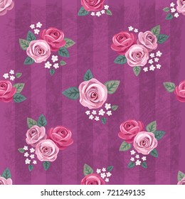 Seamless vintage romantic pattern with pink roses and white flowers on violet shabby background. Retro wallpaper style. Shabby chic design. Perfect for scrapbooking