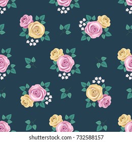 Seamless vintage romantic pattern with pink and yellow roses on dark blue background. Retro wallpaper style. Shabby chic design. Perfect for scrapbooking, 
