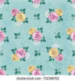 Seamless vintage romantic pattern with pink and yellow roses on green shabby background. Retro wallpaper style. Shabby chic design. Perfect for scrapbooking, decoration etc