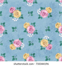 Seamless vintage romantic pattern with pink and yellow roses on blue shabby background. Retro wallpaper style. Shabby chic design. Perfect for scrapbooking, decoration etc. Vector illustration