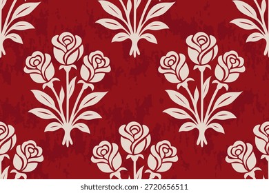 Patrón de ramos de rosas de Antiguas sin costuras con hojas sobre un fondo rojo profundo. inspirado en el folk vintage y el diseño ornamental clásico. Perfecto para la tela, el Fondo de pantalla, el abrigo del regalo, y el diseño de moda.