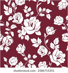 Seamless Vintage Rose and Leaf Silhouette Pattern on Red