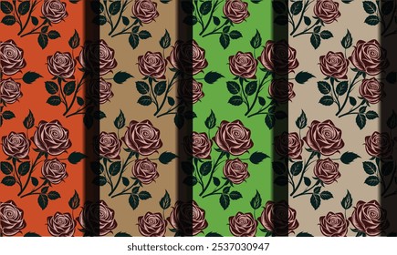 Seamless Vintage Rose Pattern with Burgundy Flowers on Colorful Backgrounds
