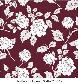 Seamless Vintage Rose Pattern with Decorative Leaves on Red Background