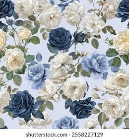 Seamless vintage rose pattern, elegant botanical floral fabric print, classic wallpaper and luxury textile background