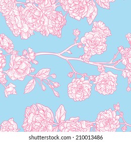 Seamless vintage rose pattern on blue background. Delicate background with pastel colors. Seamless patterns are used in textile design, postcards, calendars, websites, wallpapers. 