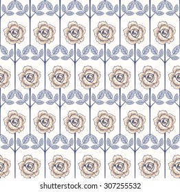 Seamless vintage rose pattern on white background.