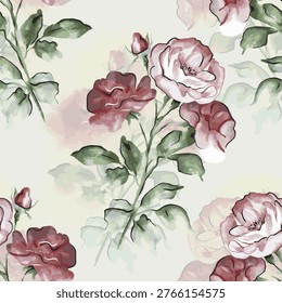 Seamless vintage rose pattern with soft pastel colors, ideal for fabric, wallpaper, packaging, and elegant decorative backgrounds with a classic touch.