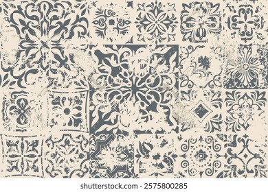 Seamless vintage rug with an effect of attrition. Patchwork  carpet. Hand drawn seamless abstract pattern with eastern motifs. vector illustration