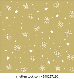 Seamless vintage snowflakes pattern on gold background. Winter, snow, flakes, winter fun theme.  Greeting card, wrapping paper.