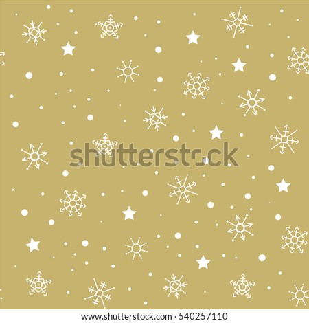 Seamless vintage snowflakes pattern on gold background. Winter, snow, flakes, winter fun theme.  Greeting card, wrapping paper.