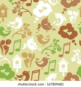 Seamless vintage spring background with singing birds