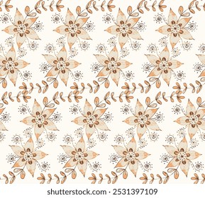 Seamless vintage spring brown flower and leaves mirror type pattern background. Simple flower hand-drawn floral stripe ornamental designs, textile art, luxury fabrics, scarves, wrapping, 