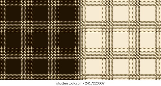 Seamless vintage square pattern with golden jewelry chains, beads. Geometric square classic grid with 4 four chains in a row. Vector illustration in vintage style