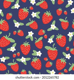 seamless vintage strawberry pattern. blue background. ripe strawberries and white flowers. green leaves. vector texture. fashionable print for textiles and wallpaper.