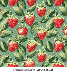 Seamless vintage strawberry pattern on green background, featuring ripe, hand-drawn fruit and delicate leaves. This nostalgic design brings timeless charm and a natural feel to any creative project.