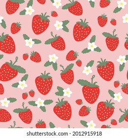 Seamless vintage strawberry pattern. pink background. ripe strawberries and white flowers . green leaves. vector texture. summer print for textiles and surfaces.