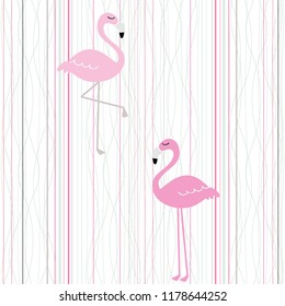 Seamless Vintage Striped pattern with pink flamingo. Abstract tropical illustration. Vector