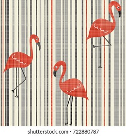 Seamless Vintage Striped pattern with red flamingo. Abstract tropical illustration. Vector