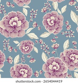  Seamless vintage style floral pattern with purple roses and ivory leaves on a dusty blue background. Ideal for fabric, wallpaper, and elegant packaging.