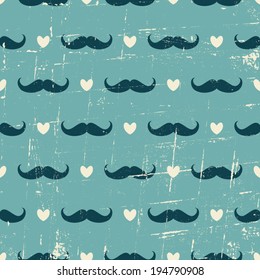 Seamless vintage style pattern with cute mustaches and hearts against blue background.