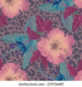 Seamless vintage style pattern with exotic flowers on leopard print. Hipster style. Vector.