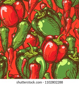 Seamless vintage style pattern with red and green spicy, hot bell, serrano, chili, cayenne, tabasco and thai peppers. Kitchen wallpaper, textile fabric print with paprika. Rustic cookery background 