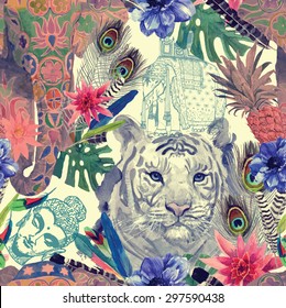 Seamless vintage style pattern with tiger and elephant heads, exotic feathers, leaves, flowers, Buddha and elephant sketches. Hand drawn watercolor vector.